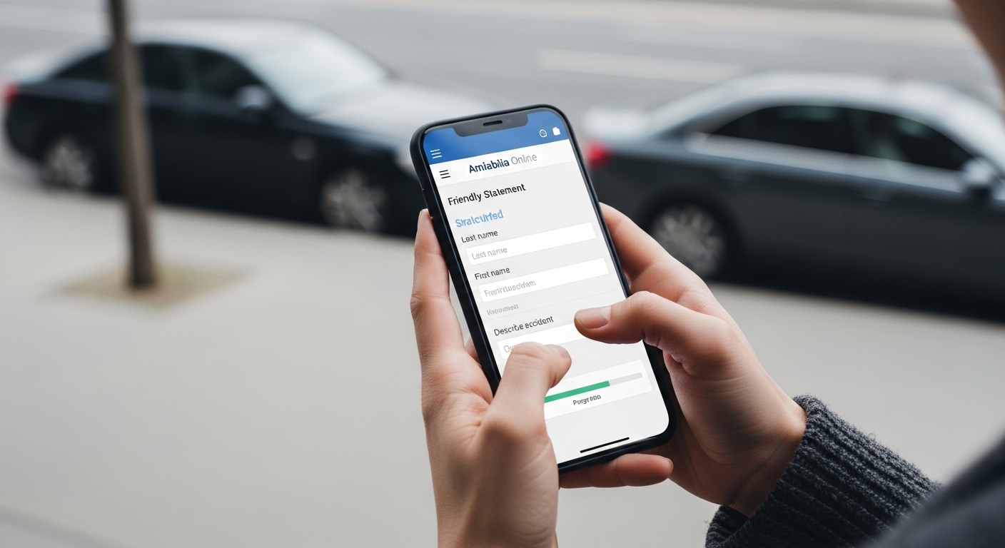 Mâini care completează formularul de constatare amiabilă CEA pe un smartphone, cu mașini în fundal la locul accidentului